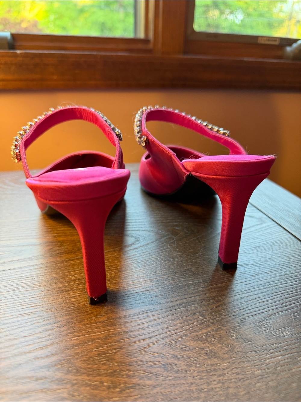 Anne Klein Hot Pink Satin Pointed-Toe Jewel Strap Mules - Picture 4 of 5